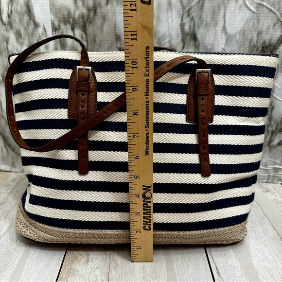 Dana Buchman Navy and Cream Canvas Striped Tote Leather Handles Sailing Vibes - Picture 7 of 13